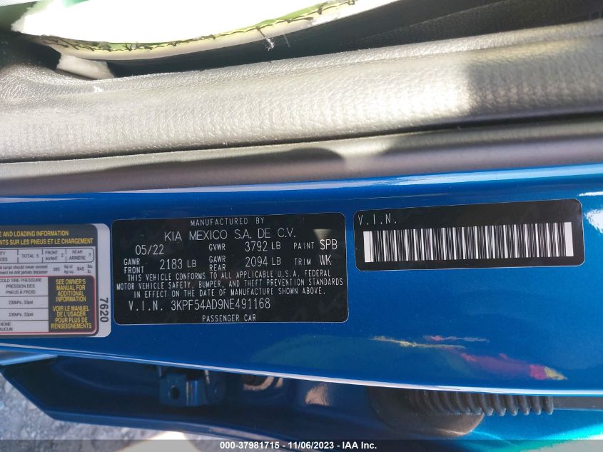 2022 KIA FORTE GT-LINE - 3KPF54AD9NE491168