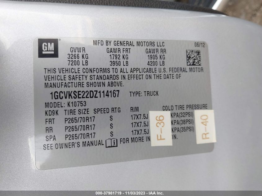 2013 CHEVROLET SILVERADO 1500 LT - 1GCVKSE22DZ114167