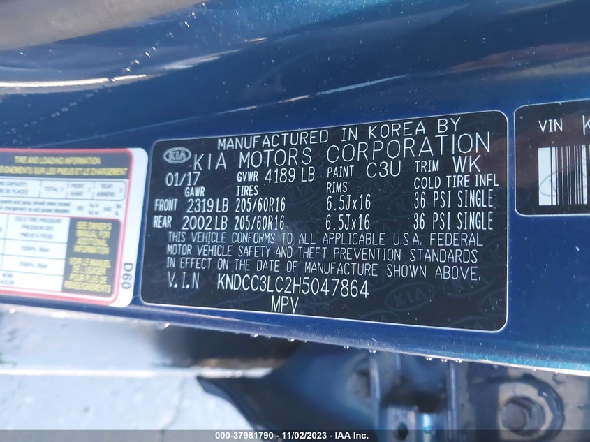 VIN KNDCC3LC2H5047864 2017 KIA NIRO EX
