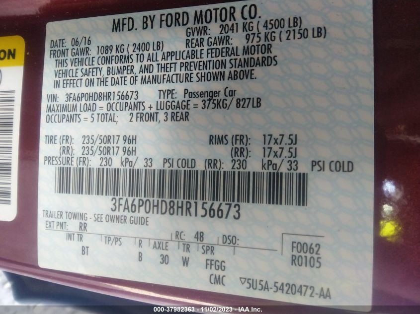 2017 FORD FUSION SE - 3FA6P0HD8HR156673