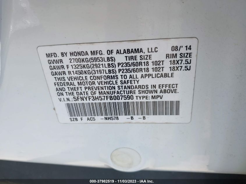 2015 HONDA PILOT EX-L - 5FNYF3H57FB007590