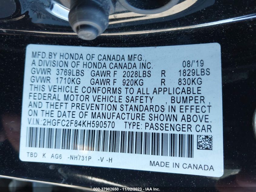 2019 HONDA CIVIC SPORT - 2HGFC2F84KH590570