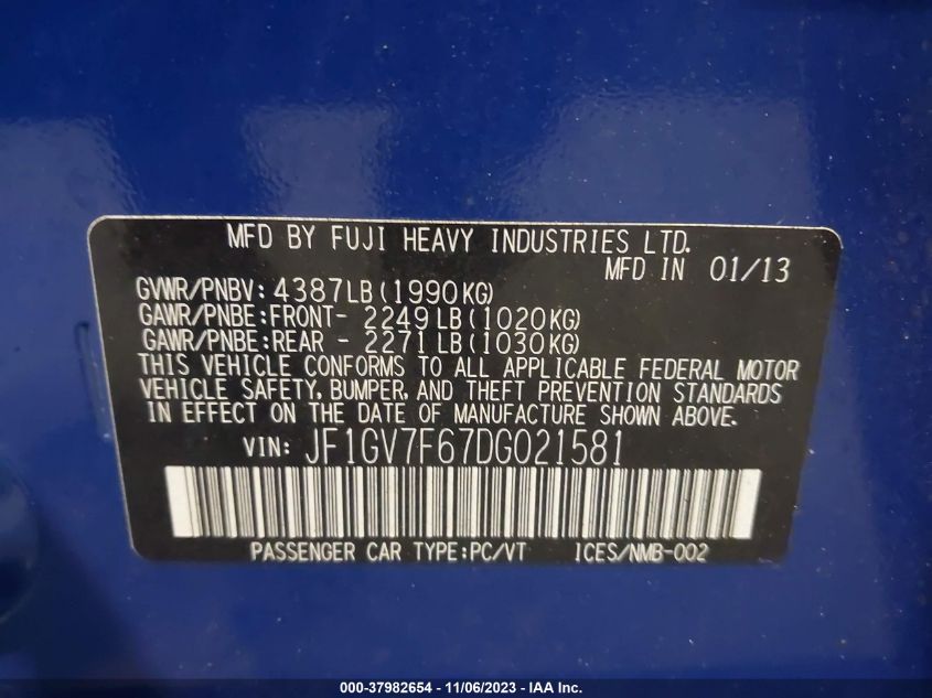 2013 SUBARU IMPREZA WRX LIMITED JF1GV7F67DG021581