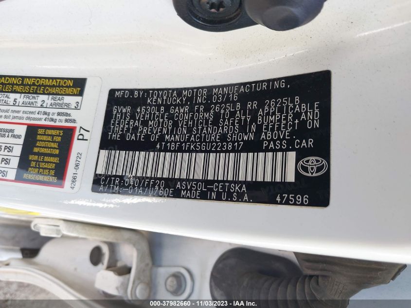 2016 TOYOTA CAMRY LE/XLE/SE/XSE - 4T1BF1FK5GU223817