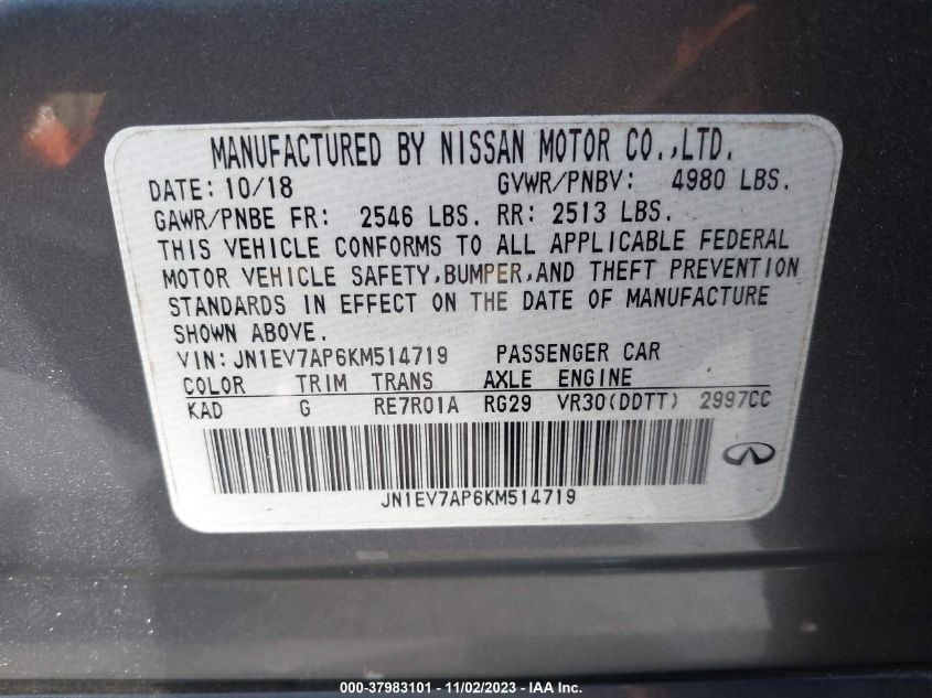 2019 INFINITI Q50 LUXE/SPORT - JN1EV7AP6KM514719