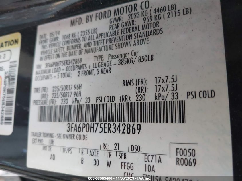 2014 FORD FUSION SE - 3FA6P0H75ER342869