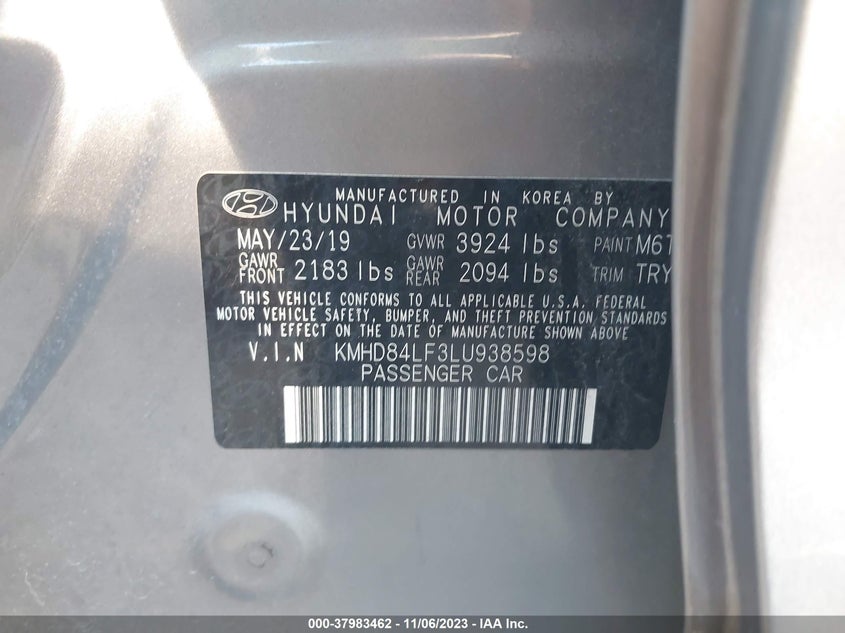 VIN KMHD84LF3LU938598 2020 HYUNDAI ELANTRA SEL