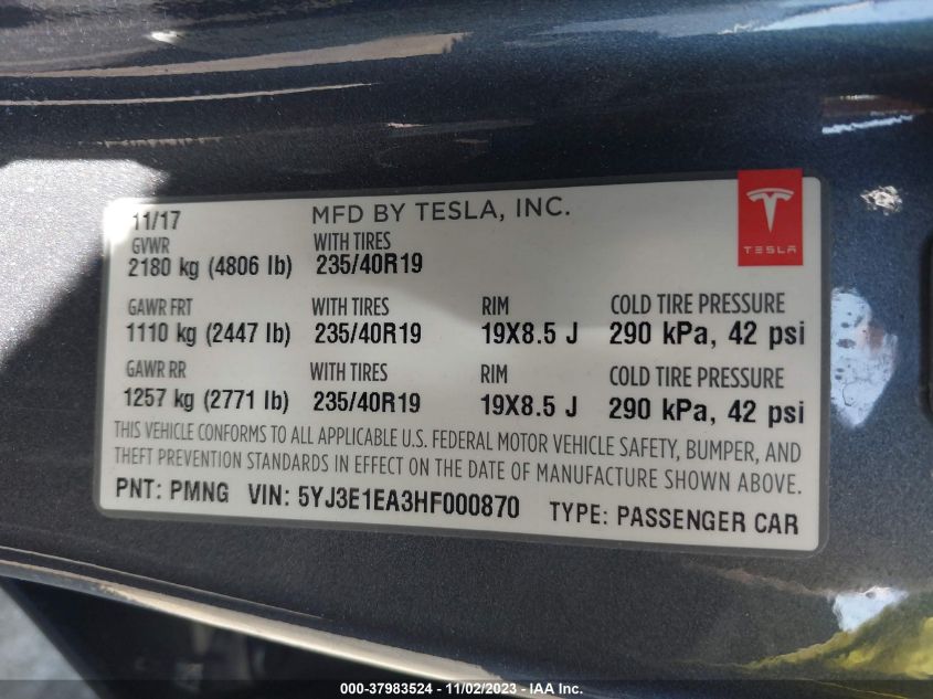 2017 TESLA MODEL 3 - 5YJ3E1EA3HF000870