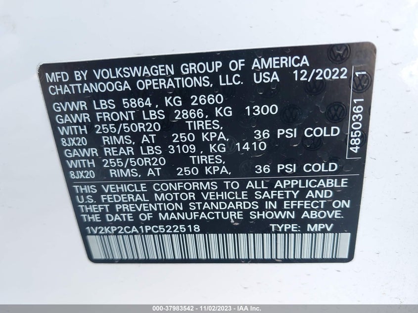 VIN 1V2KP2CA1PC522518 2023 VOLKSWAGEN ATLAS 2.0T SE W/TECHNOLOGY