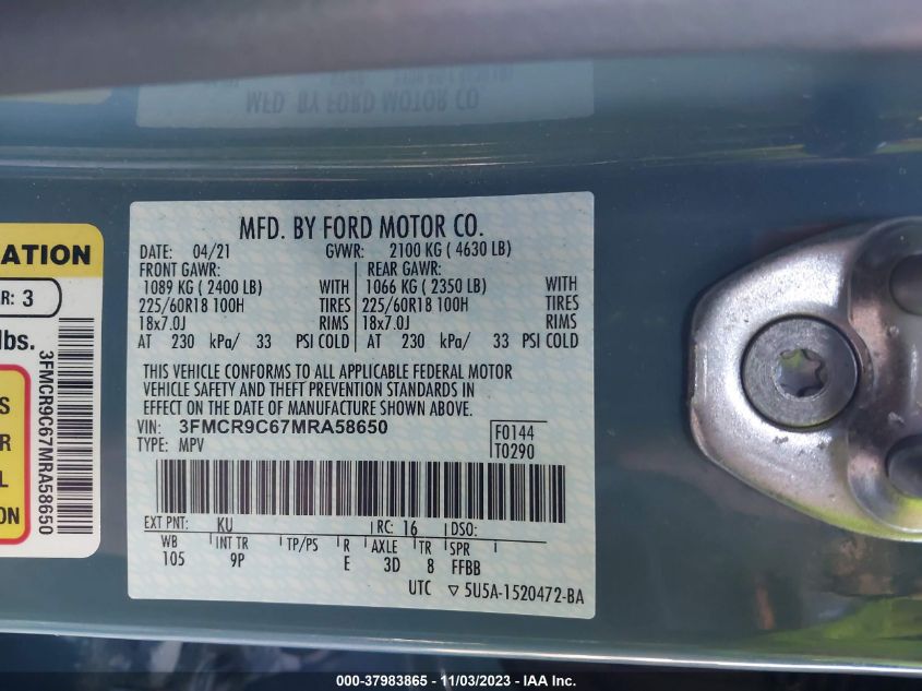 2021 FORD BRONCO SPORT OUTER BANKS - 3FMCR9C67MRA58650
