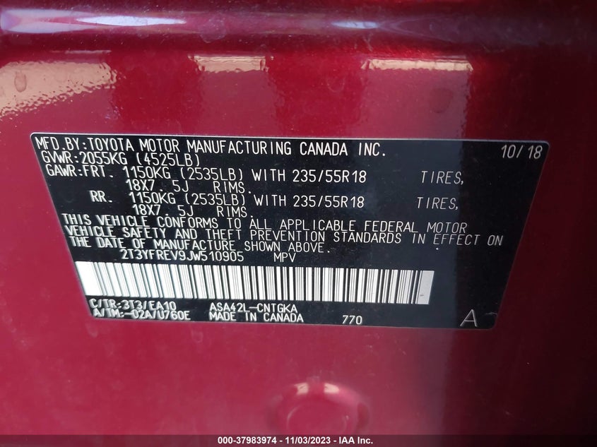VIN 2T3YFREV9JW510905 2018 TOYOTA RAV4 LIMITED/PLATINUM