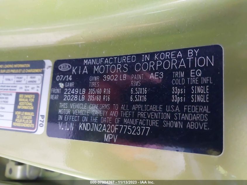 2015 KIA SOUL BASE - KNDJN2A20F7752377