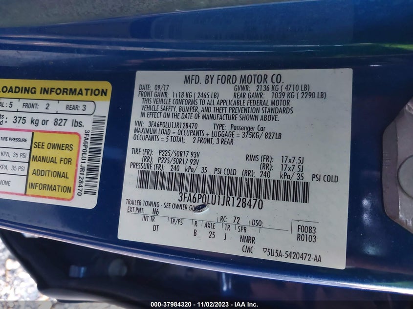 VIN 3FA6P0LU1JR128470 2018 FORD FUSION HYBRID SE