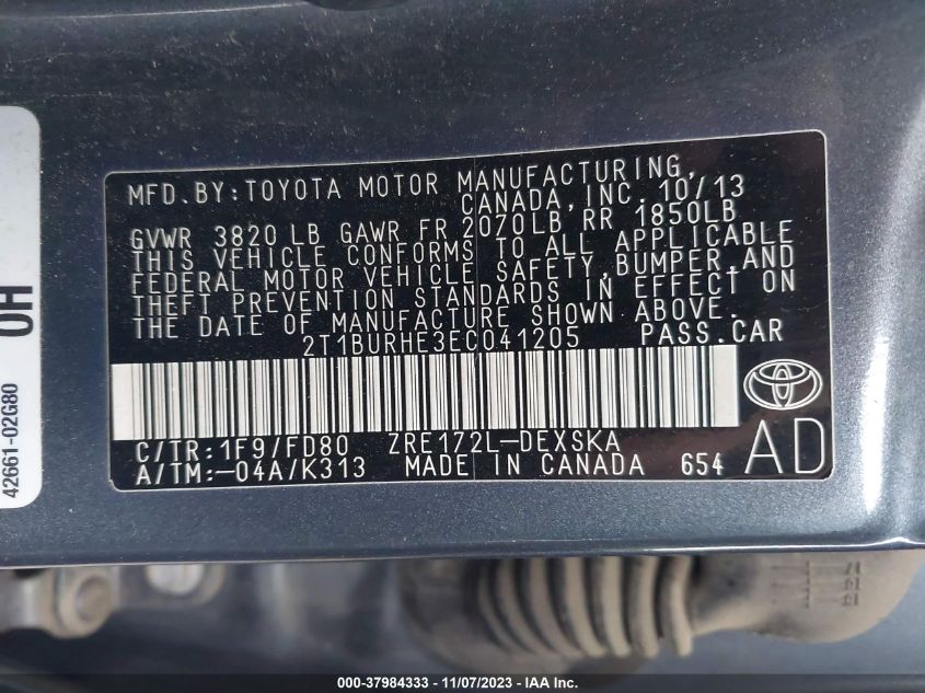 2014 TOYOTA COROLLA L/LE/LE PLS/PRM/S/S PLS - 2T1BURHE3EC041205