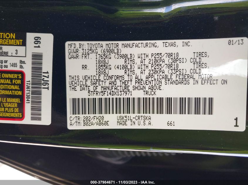2013 TOYOTA TUNDRA GRADE 5.7L V8 - 5TFRY5F14DX137971