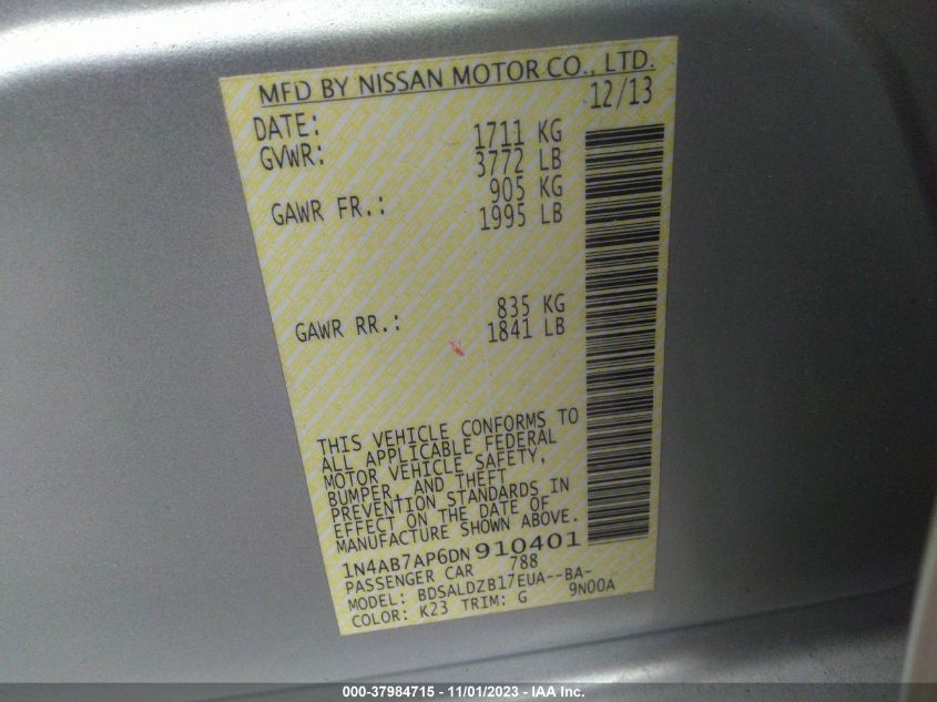 2013 NISSAN SENTRA SV - 1N4AB7AP6DN910401