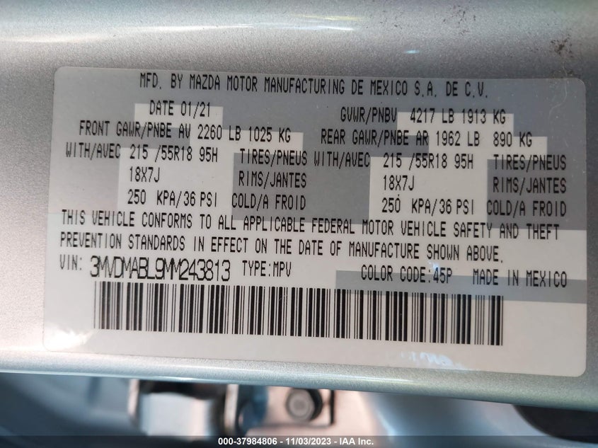 VIN 3MVDMABL9MM243813 2021 MAZDA CX-30 SELECT