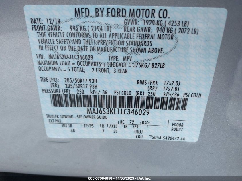 2020 FORD ECOSPORT TITANIUM - MAJ6S3KL1LC346029