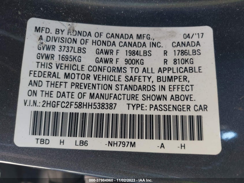VIN 2HGFC2F58HH538387 2017 HONDA CIVIC LX