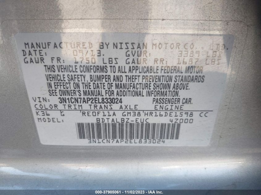2014 NISSAN VERSA 1.6 SV - 3N1CN7AP2EL833024