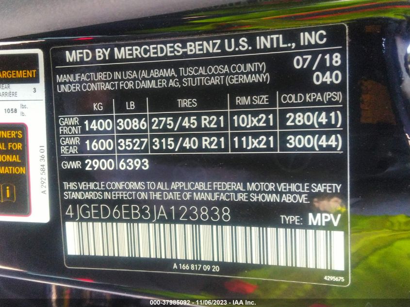 2018 MERCEDES-BENZ AMG GLE 43 COUPE 4MATIC 4JGED6EB3JA123838