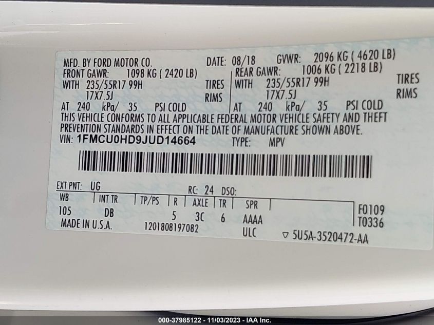 2018 FORD ESCAPE SEL - 1FMCU0HD9JUD14664