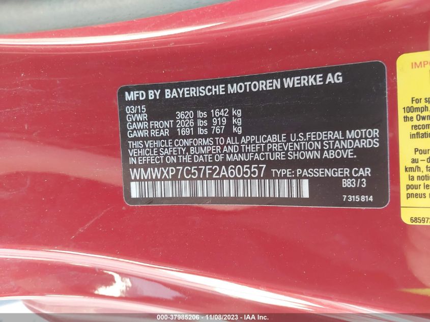 2015 MINI HARDTOP COOPER S WMWXP7C57F2A60557