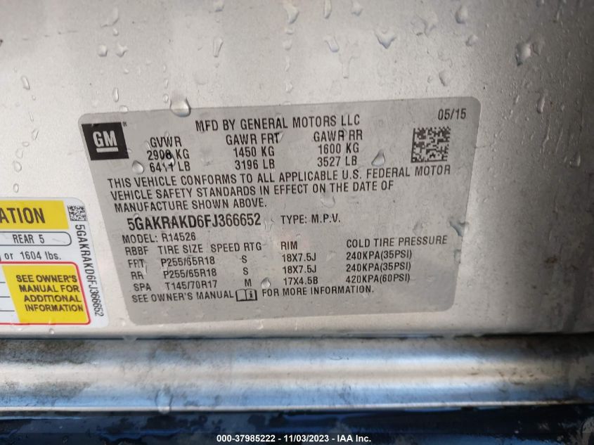 2015 BUICK ENCLAVE - 5GAKRAKD6FJ366652
