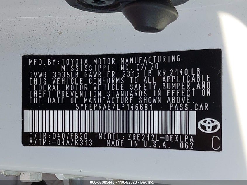 VIN 5YFEPRAE7LP146681 2020 TOYOTA COROLLA LE