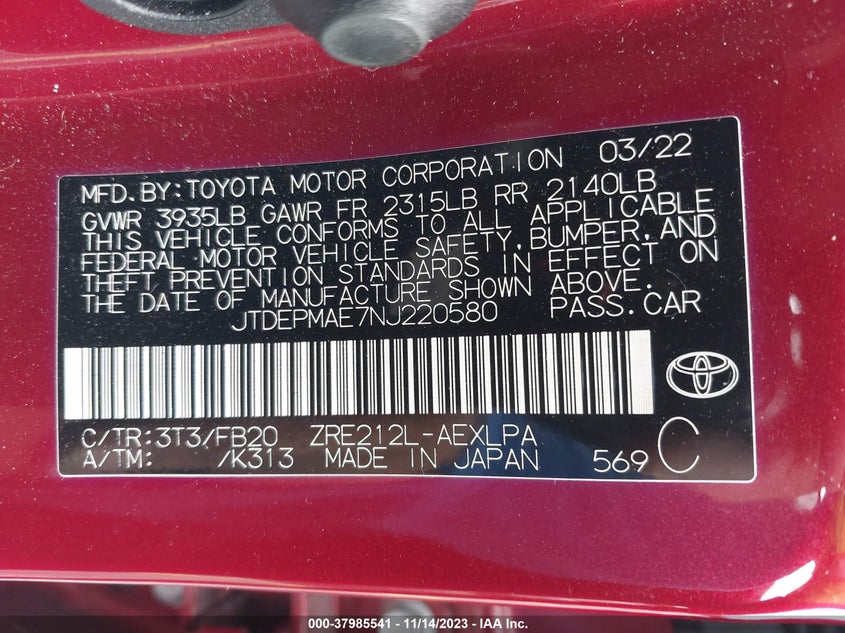 VIN JTDEPMAE7NJ220580 2022 TOYOTA COROLLA LE