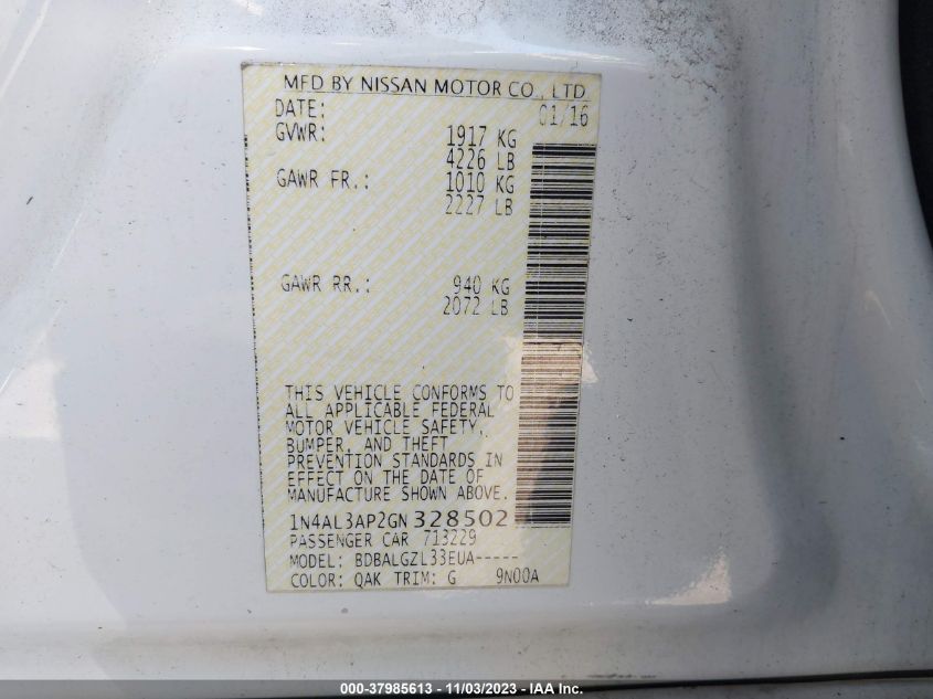 2016 NISSAN ALTIMA 2.5/2.5 S/2.5 SL - 1N4AL3AP2GN328502
