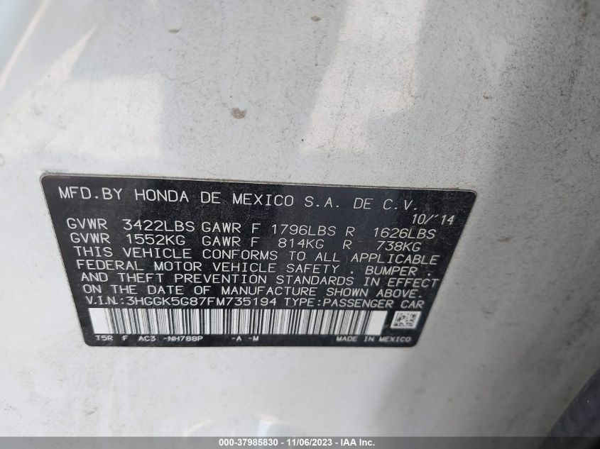 2015 HONDA FIT EX/EXL - 3HGGK5G87FM735194