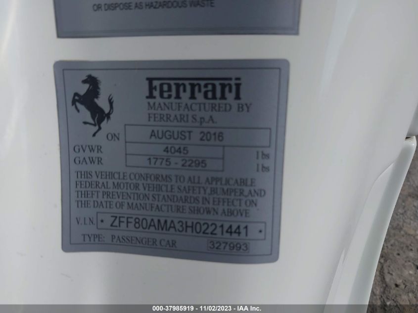 2017 FERRARI 488 SPIDER - ZFF80AMA3H0221441