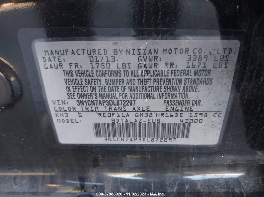 2013 NISSAN VERSA 1.6 S - 3N1CN7AP3DL872297
