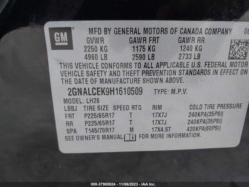 2017 CHEVROLET EQUINOX LT - 2GNALCEK9H1610509