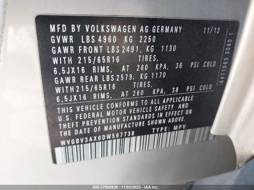 2013 VOLKSWAGEN TIGUAN S - WVGBV3AX6DW567738