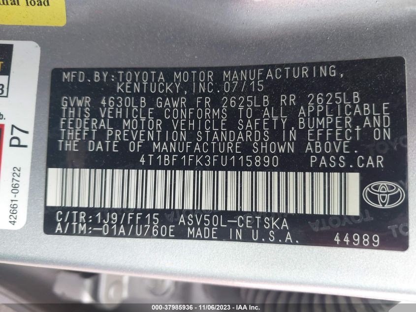 2015 TOYOTA CAMRY LE/XLE/SE/XSE - 4T1BF1FK3FU115890