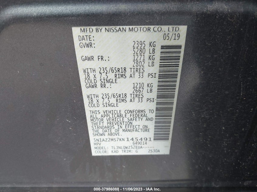 VIN 5N1AZ2MS7KN145491 2019 NISSAN MURANO S/SL/SV/PLATINUM