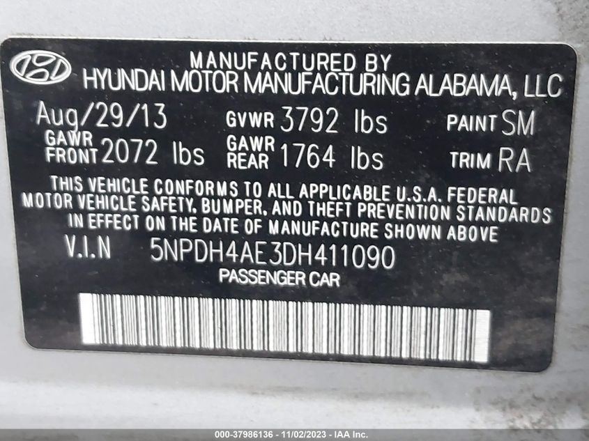 2013 HYUNDAI ELANTRA GLS - 5NPDH4AE3DH411090