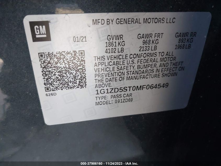 2021 CHEVROLET MALIBU LT - 1G1ZD5ST0MF064549
