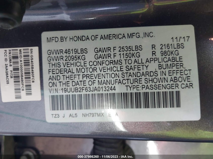VIN 19UUB2F63JA013244 2018 ACURA TLX TECH+A/TCH+AR