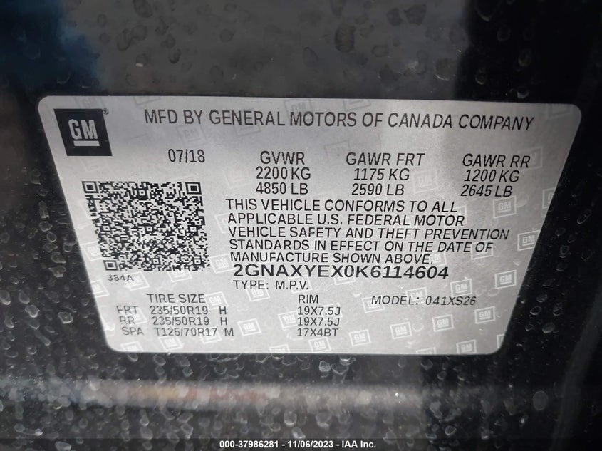 VIN 2GNAXYEX0K6114604 2019 CHEVROLET EQUINOX PREMIER