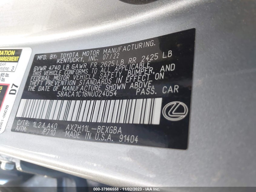VIN 58ACA1C18NU024054 2022 LEXUS ES 300H