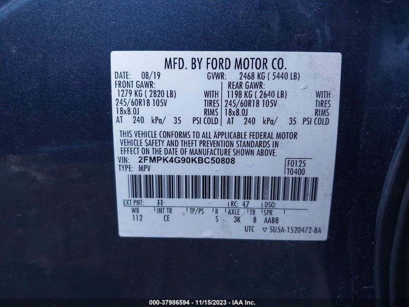 VIN 2FMPK4G90KBC50808 2019 FORD EDGE SE