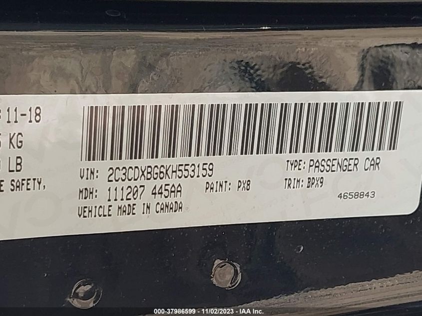 2019 DODGE CHARGER SXT RWD - 2C3CDXBG6KH553159