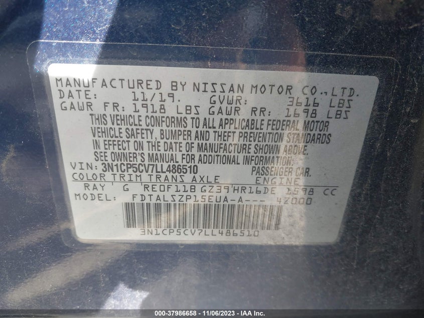 VIN 3N1CP5CV7LL486510 2020 NISSAN KICKS SV