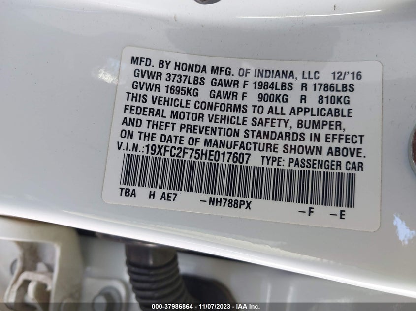VIN 19XFC2F75HE017607 2017 HONDA CIVIC EX
