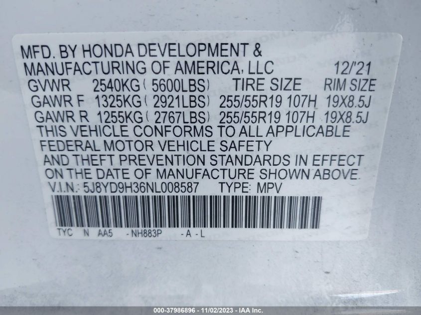 5J8YD9H36NL008587 Acura MDX STANDARD 9