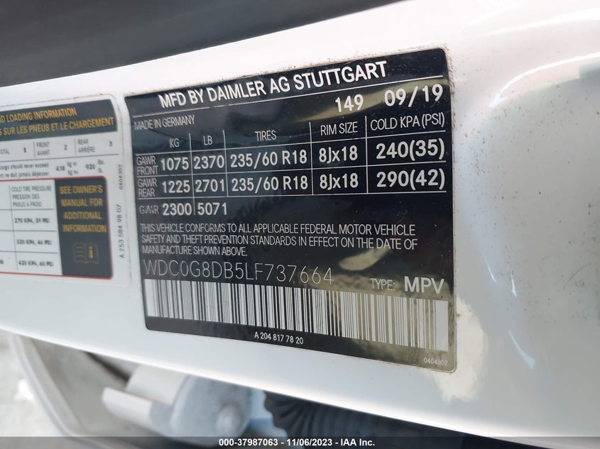 VIN WDC0G8DB5LF737664 2020 MERCEDES-BENZ GLC 300