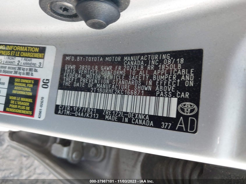 VIN 2T1BURHE2KC166871 2019 TOYOTA COROLLA L/LE/XLE/SE/XSE